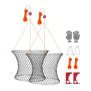VEVOR Double Ring Crab Trap, 24 inch Top, 20 inch Bottom, Two Rings Crab Kit, Foldable Fishing Net with Gauge, 60 ft Rope, Wire Grid Bottom, Rock and Blue Crab, Dock Pier Crabbing, 2 Set