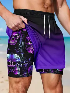 Men's Two-In-One Quick-Dry Beach Shorts, Gradient Neon Skull Print, Elastic Casual Swim Trunks, Summer Surfing Vacation Wear