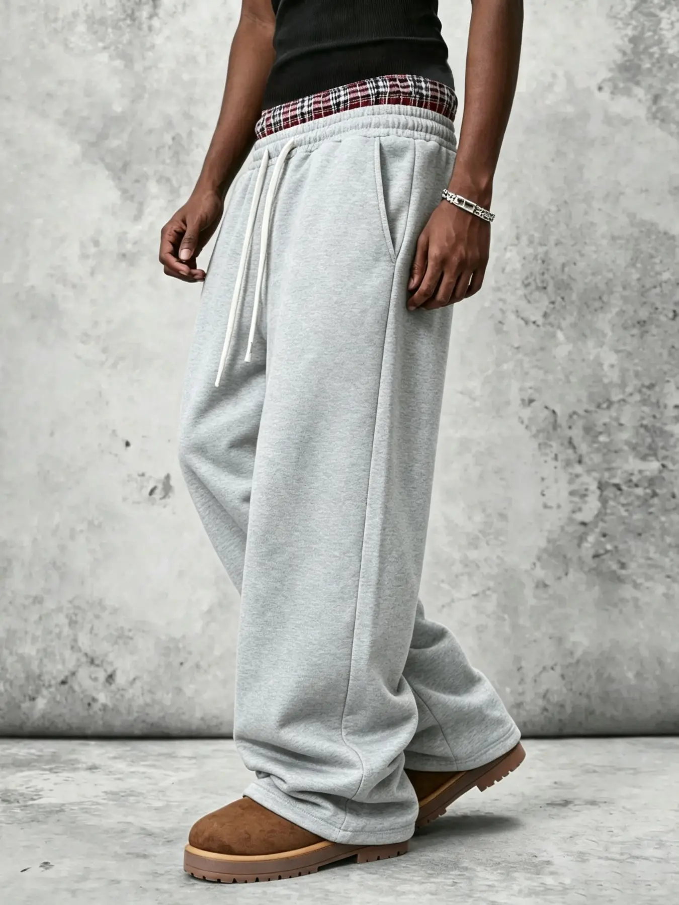 Men Y2K American Retro Sweatpants Red Tartan Plaid Waist Trim Baggy Wide Leg Trousers Unisex Hip Hop Streetwear Floor Length Drawstring Casual Sweatpants With Side Pockets For Daily Skater OOTD