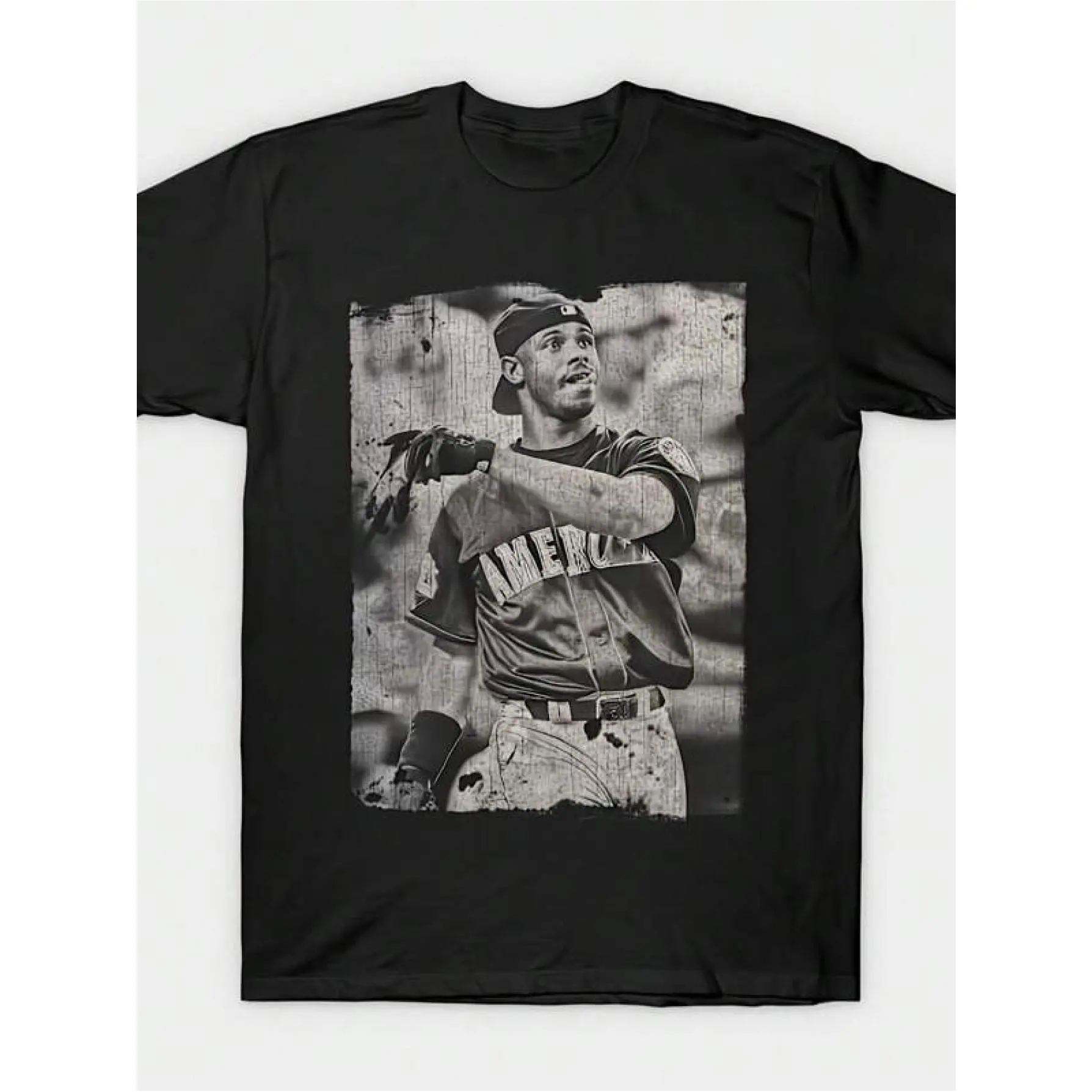 Men's Retro Ken Griffith II Seattle Mariners Black and White Distressed Wood Grain Legendary Baseball Pattern Crew Neck T-Shirt, Retro Classic Sporty Casual Short-Sleeve T-Shirt, Perfect for Baseball Fans' Everyday Wear
