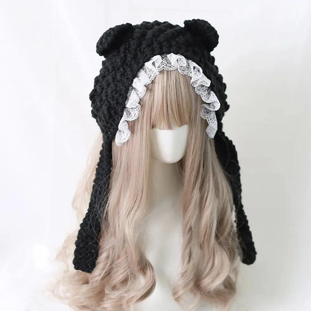 Fashion Cartoon Knitted Cat Ear Hat Ear Protection Casual Crochet Wool Hat Cute With Bow Photo Props Cap for Women