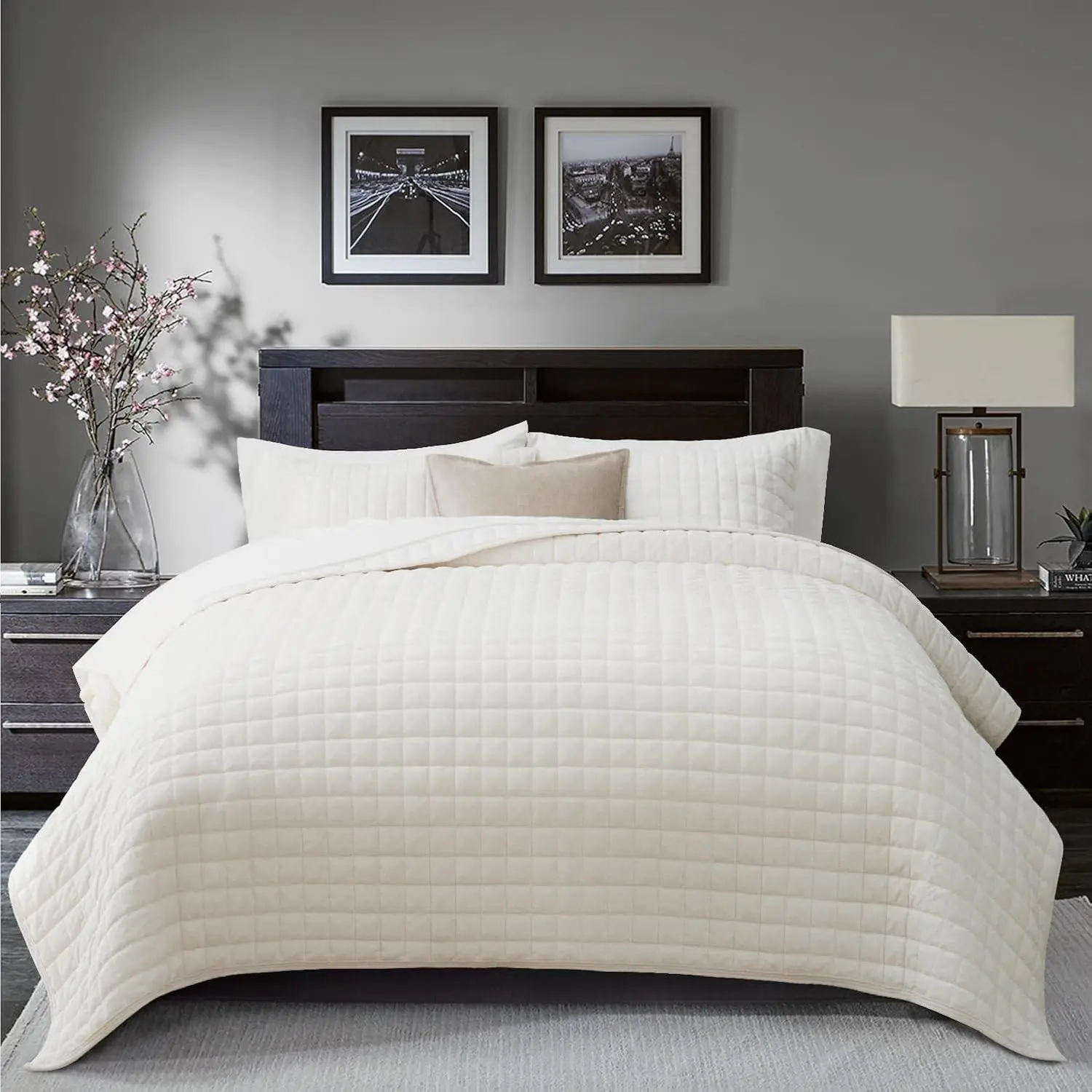 Channel Box Stitch Velvet Quilt Set, King Size, Cream White | Ultra Soft Lightweight Velvet Comforter, Luxury Oversized Bedspread Coverlet, Quilted Bedding Set for All Season with 2 Shams