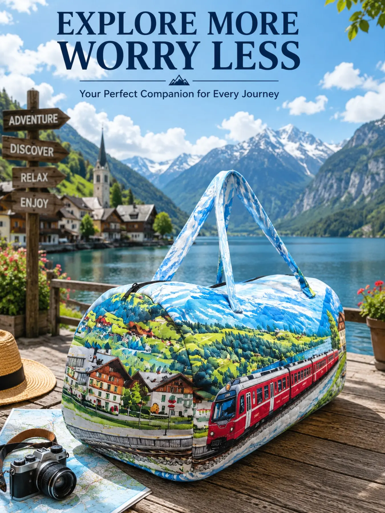 1 Piece Alpine Mountain Red Sightseeing Train Scenery Duffle Weekender Bag, Landscape Print Soft Wide Handles Large Capacity Tote for Mountain Road Trips, Vacation & Gym