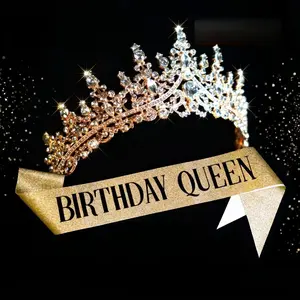 Women's 2-Piece Luxury Rose Gold Crystal Crown Set - Princess Aesthetic Queen Tiara, Birthday Banner, Female Photo Props & Bridal Hair Accessories for Wedding, Prom