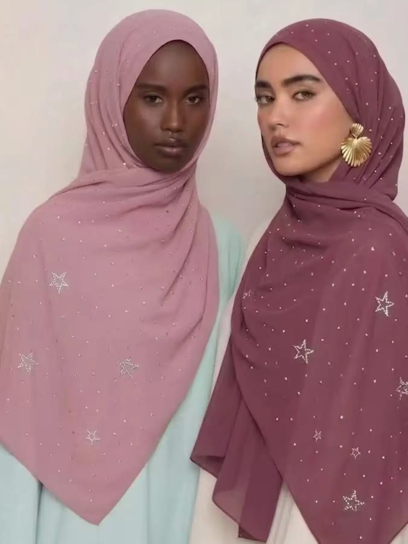 Chiffon Starry Sky Rhinestone Pentagram Long Scarf, Versatile Muslim Women Hijab Headscarf, Daily Outdoor Shawl, Holiday Gift