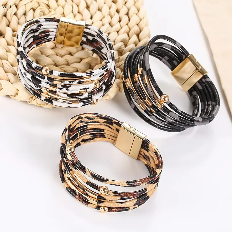 28 Styles Multi-Layer Leather Wrap Bangle Collection, Leopard/Check/Glitter Print Cuff Bracelet with Magnetic Clasp, Vintage Casual Stackable Wrist Jewelry for Women Daily Outfits