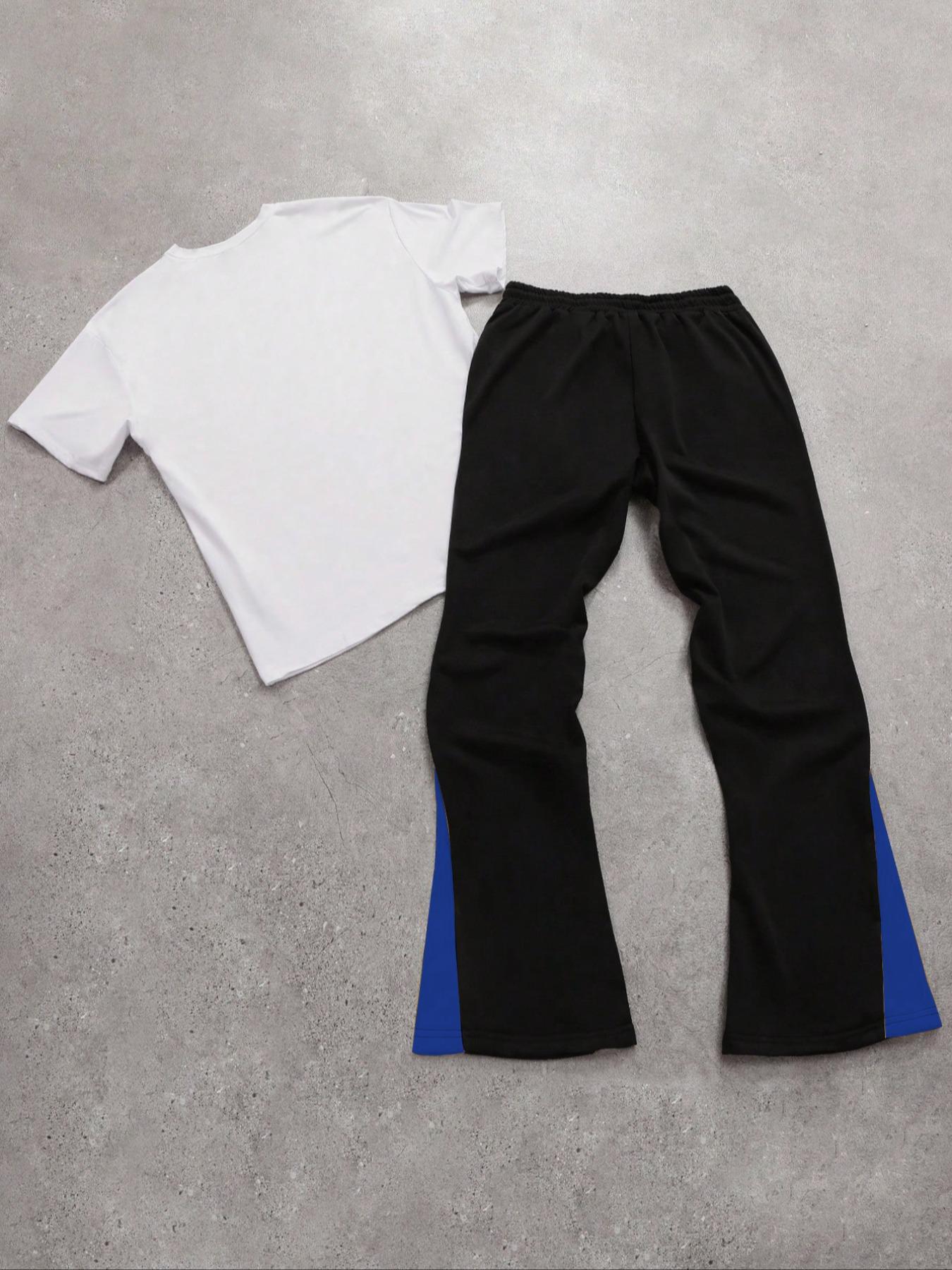 Two-Piece Set Menswear Men's Figure Graphic Tee & Colorblock Drawstring Waist Flare Leg Sweatpants, Regular Fit Round Neck Short Sleeve T-Shirt & Bell Bottom Trousers, Casual Fashion Cozy Breathable Men Two-Piece Outfits for All Seasons