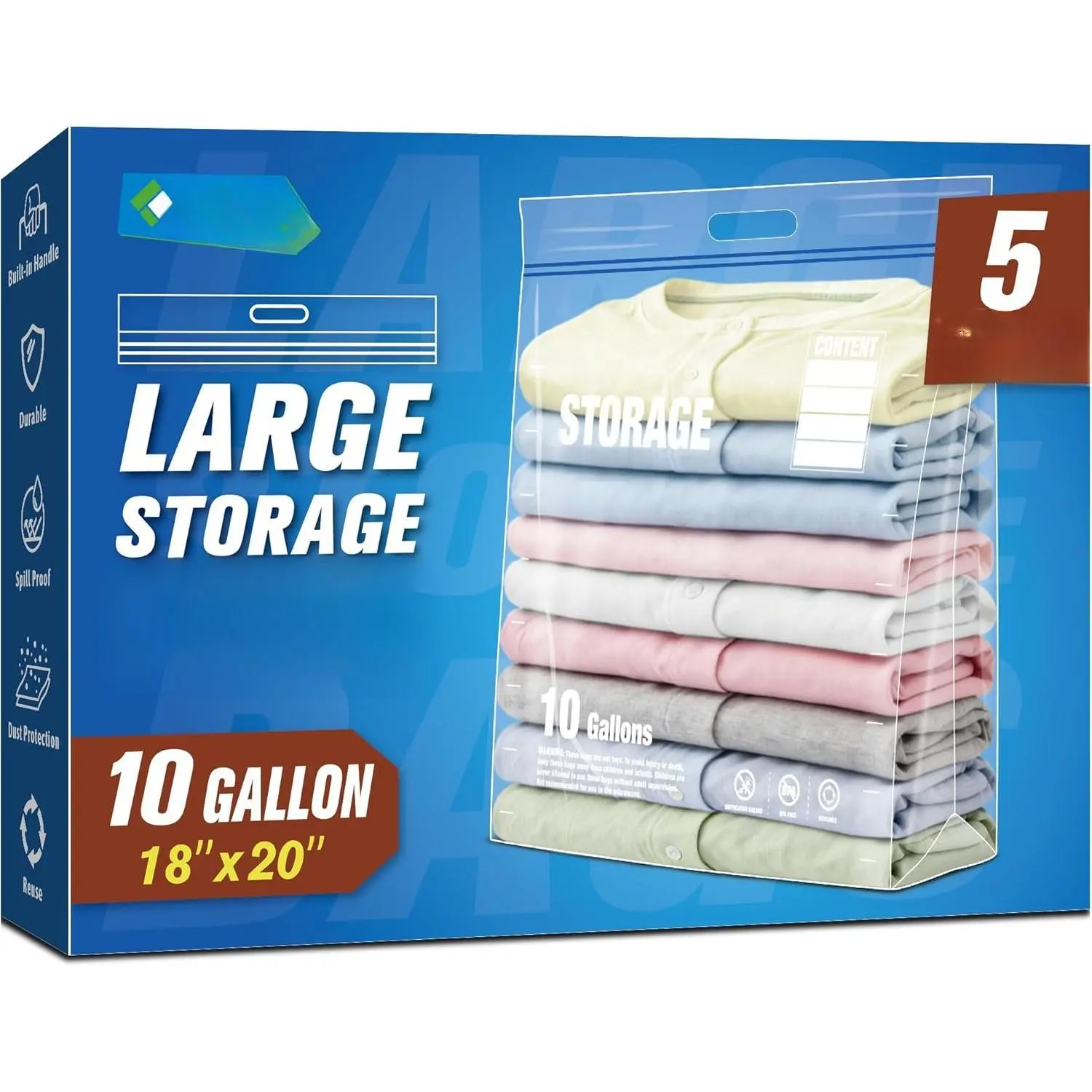 10 Gallon Zipper Storage Bags,  XL Zip Bags | 18” x 20”, Handled, , for Clothes, Extra Thick, Clear Plastic, Double Zipper,  Lock
