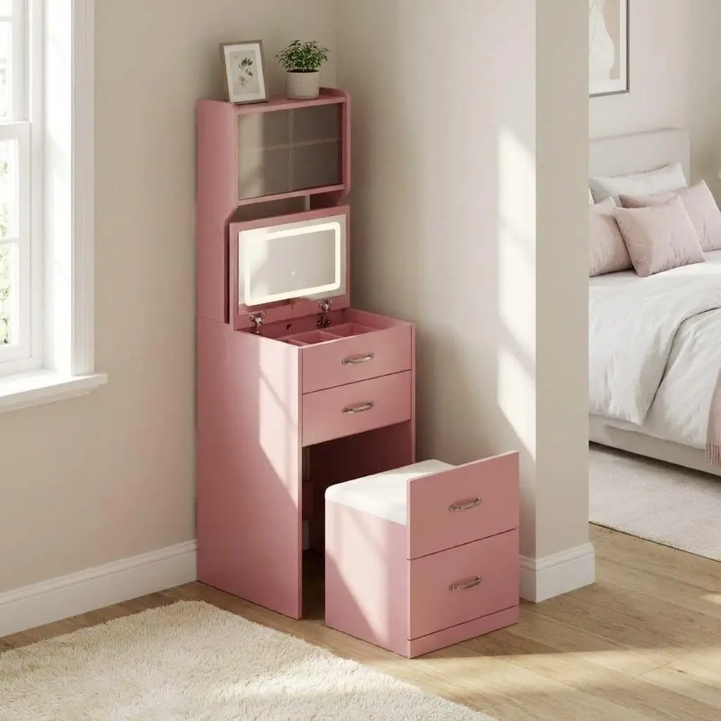 Garvee Vanity Desk, 3 in 1 Compact Makeup Vanity 3-Color LED, Vanity with Hidden Chair and Mirror, Small Makeup Vanity Nightstand Drawers 2 AC & USB, Acrylic Doors Jewelry Box Small Spaces, Pink