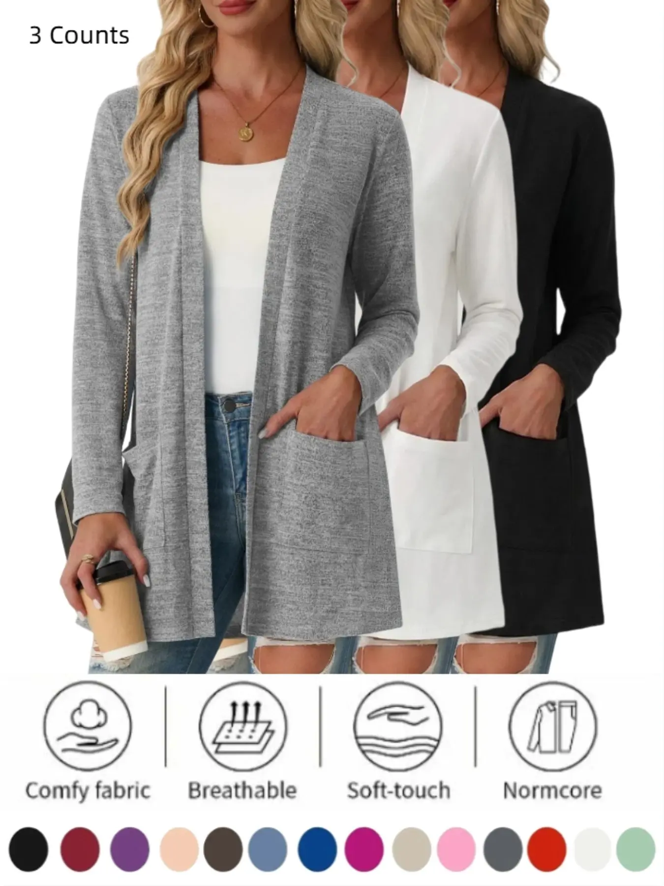 Women 1/3 Piece Long Sleeve Knit Open Front Cardigan, Elegant Commuter Casual Outerwear with Pockets, Daily Office Wear