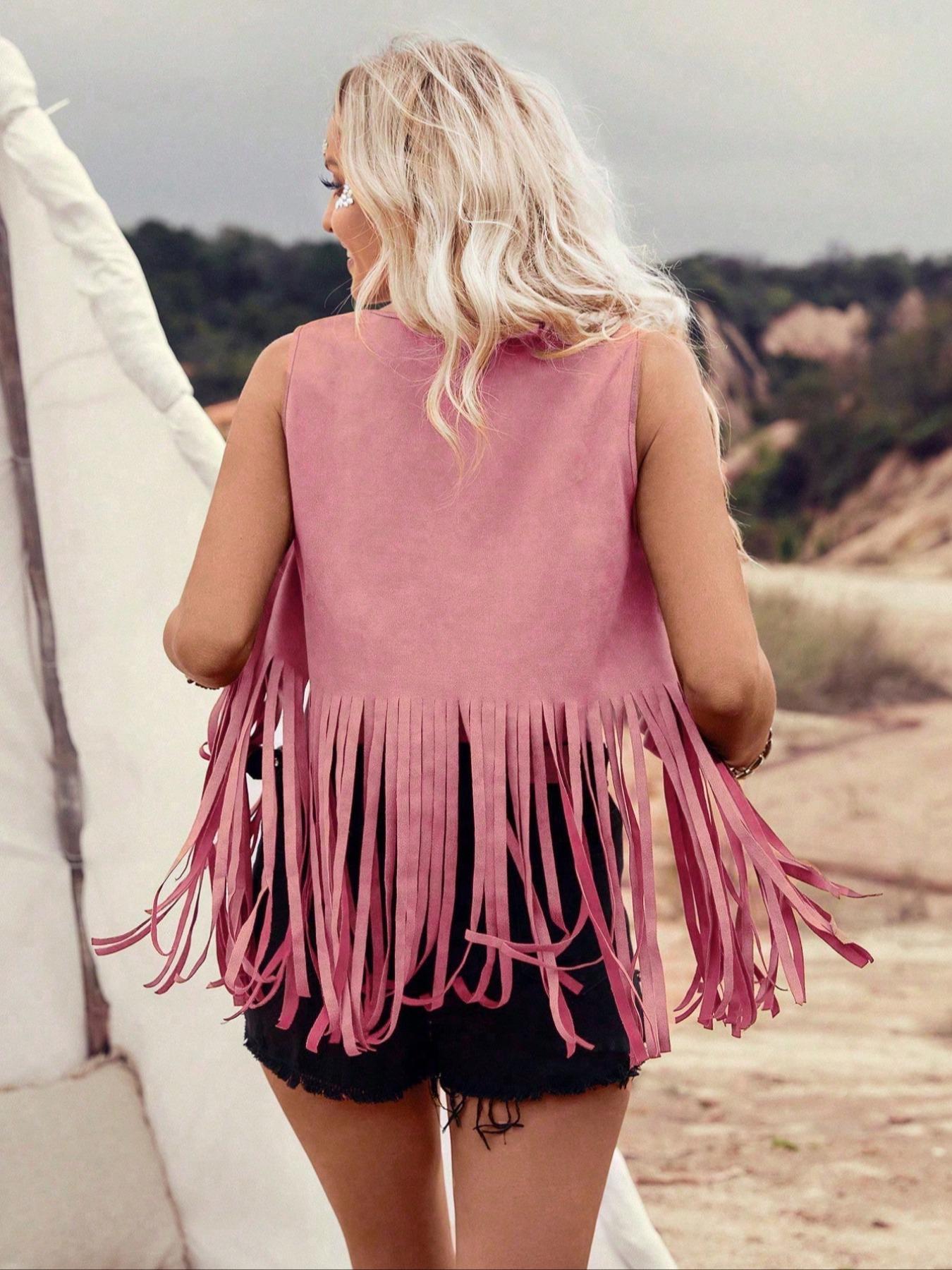Women's Solid Color Studded Decor Fringe Trim Jacket Womenswear Casual Bohemian Fashion Open Front Sleeveless Outerwear Daily Outdoor Wear Ladies Clothes Summer Kimono