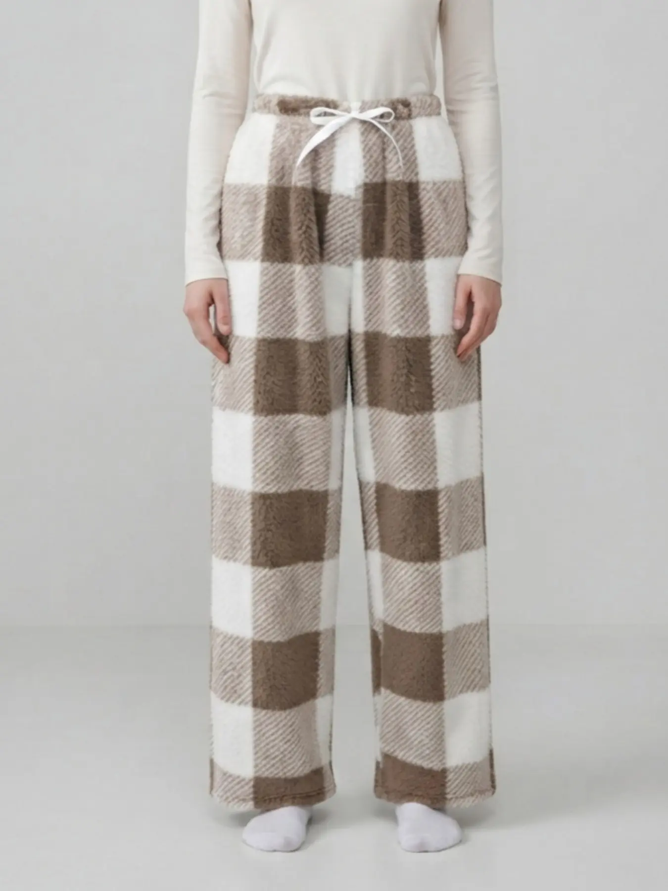 Women's Fall Winter Retro Plaid Fuzzy Pajama Pants, Elastic Waist Loose Wide Leg Straight Long Pants, Cozy Home Wear for Casual Outdoors