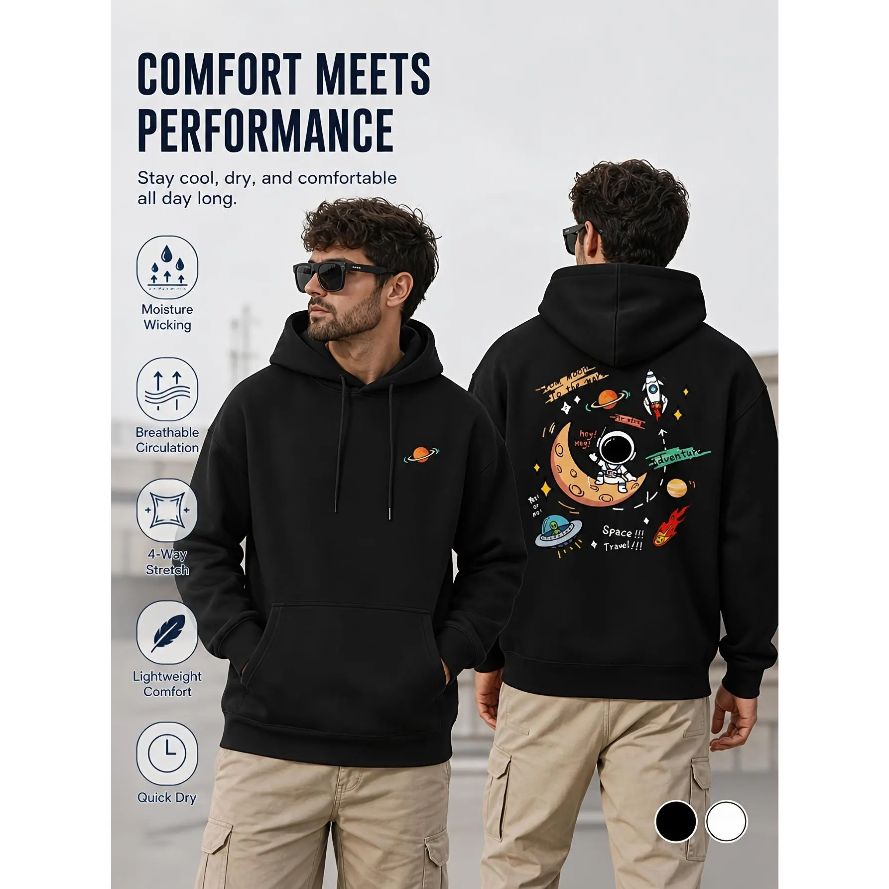 Men's Oversized Hooded Sweatshirt - Menswear Tops, Space-Themed, Playful Astronaut-Planet-Rocket Back Print, Small Saturn Front Pattern, Lightweight Stretchy Fabric, Casual Exploration Vibe