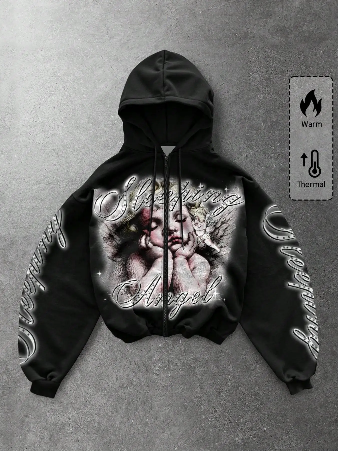 Unisex Vintage Zipper Hoodie, Thick Thermal Fabric, Dreaming Angel Print, Street Style, Fall & Winter, Slim Fit, All over Print, Warm Hooded Sweatshirt