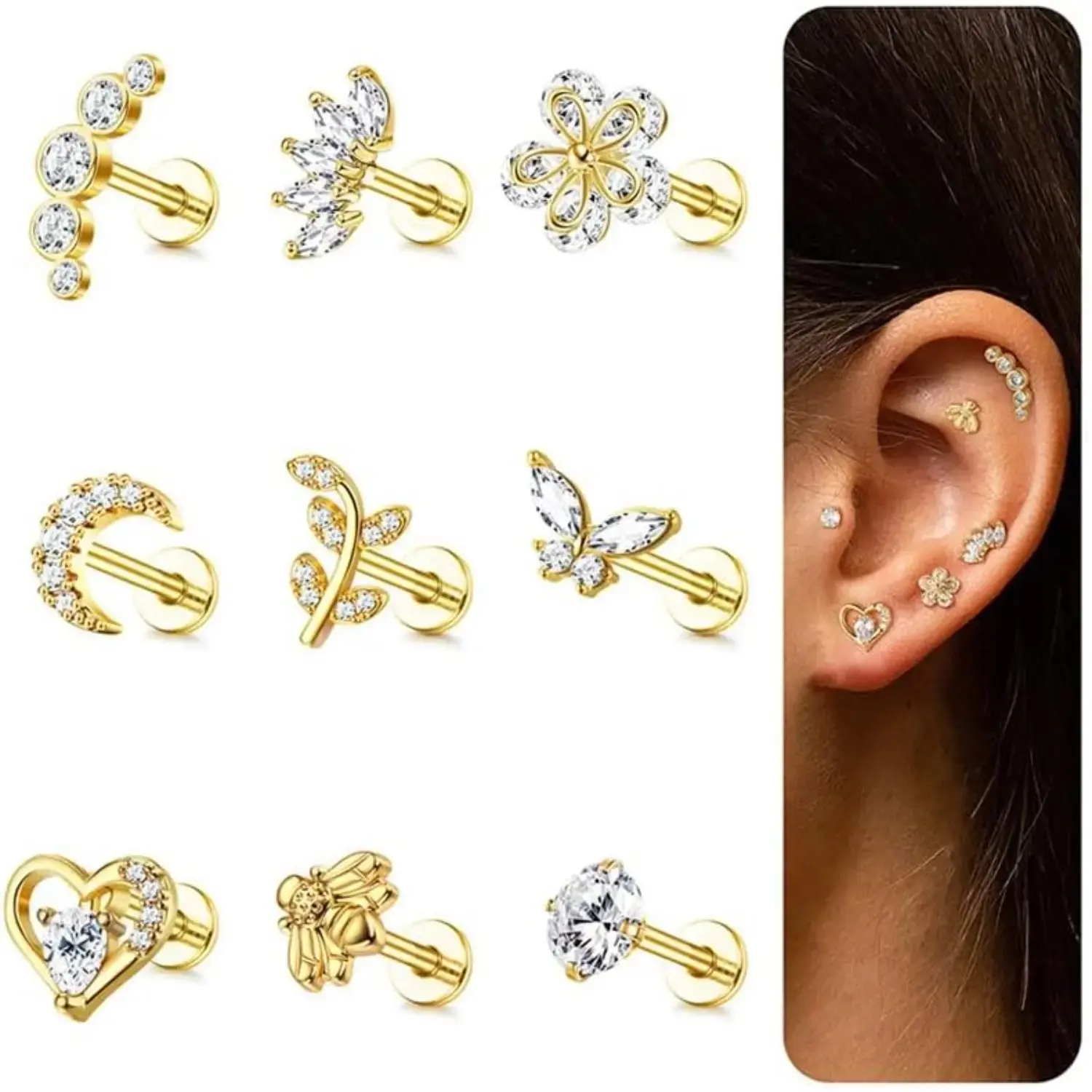 9pcs 16G Stainless Steel Stud Earrings Jewelry Set - Tragus, Helix, Conch, Labret Jewelry with Cubic Zirconia, Butterfly, Moon Designs in Gold, Silver for Women - Daily Stacking Accessory
