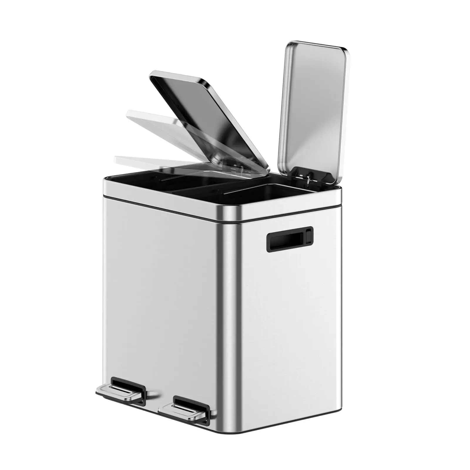 GARVEE Kitchen Trash Can Double Compartment - 2 x 15 L Stainless Steel - Removable Bins - Foot Pedal - Recycling and Waste