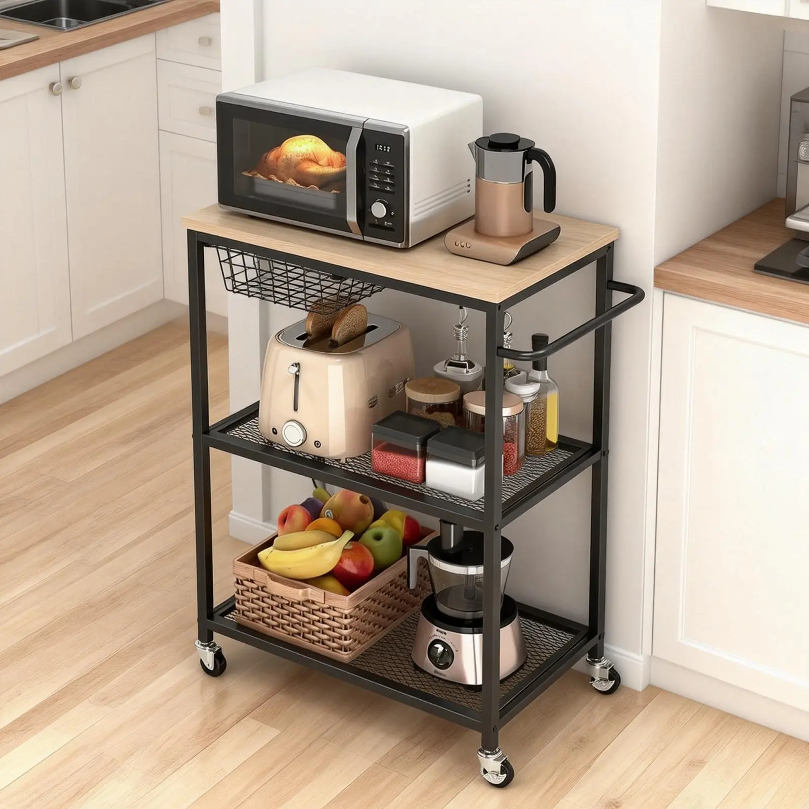 Rolling Kitchen Microwave Cart, 3 Tier Microwave Table Stand with Wood Top, Utility Storage Cart on Lockable Wheels with Handle and Shelf Liners