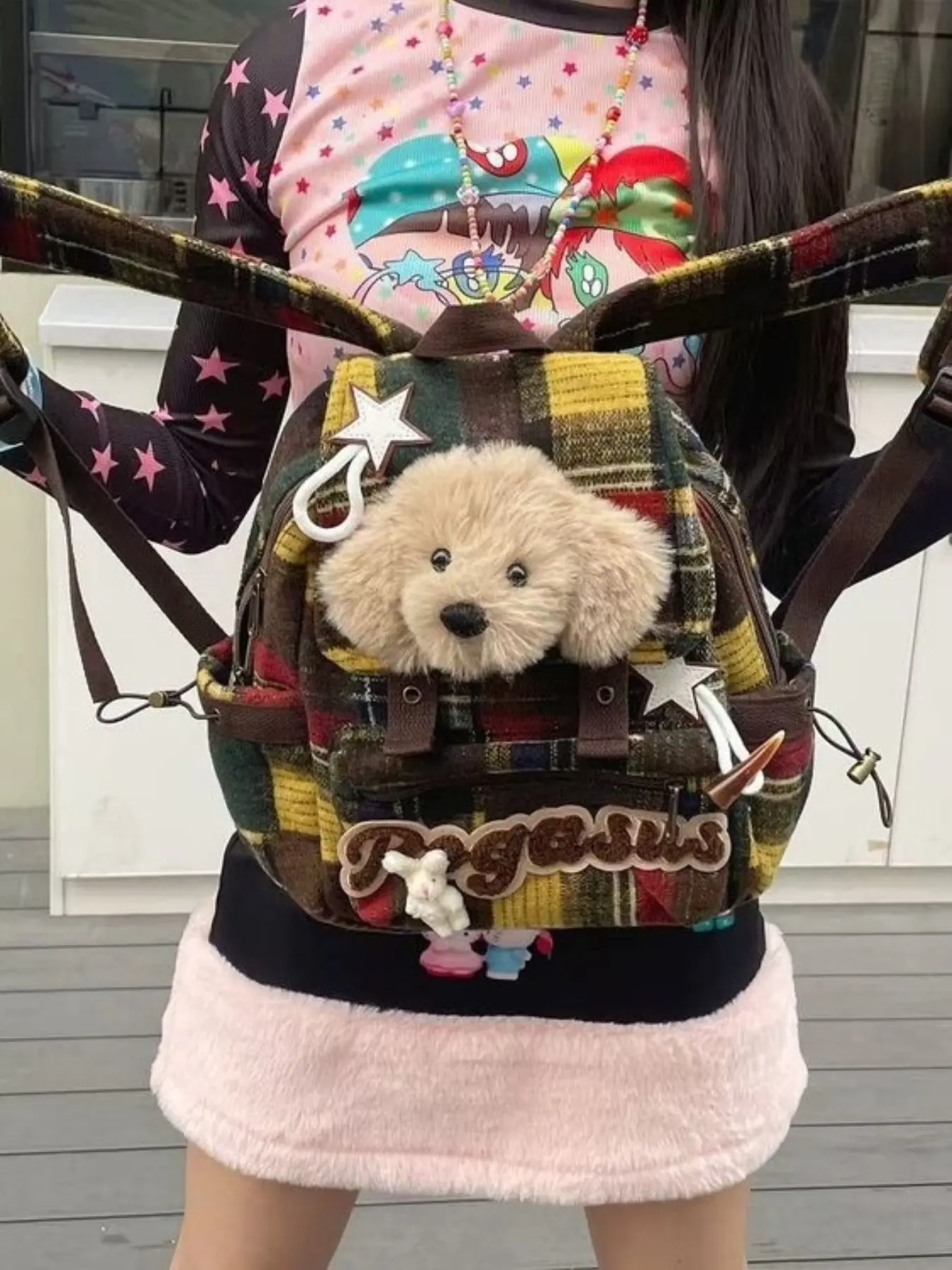 High-End Knitted Strap Bag, Original Marbled Puppy Backpack, Sweet Retro Plaid Style, Cute Dual Shoulder Bag for Women