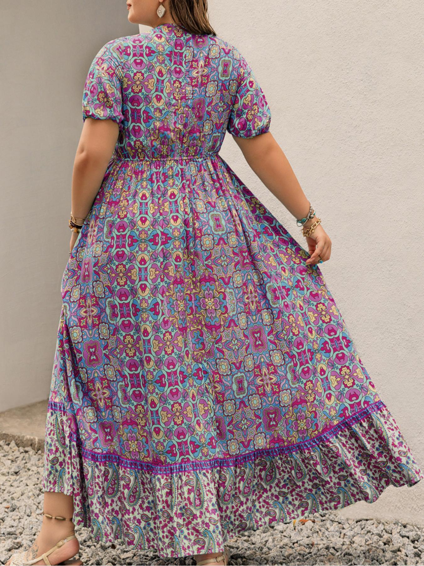 【Plus Size】 Floral Print Short Sleeve Dress, Boho Fashion Casual Dress for Beach Holiday Vacation, Women's Plus Clothing for Summer, Bohemian, Bohemian Casual Wear, Boho Summer Outfit