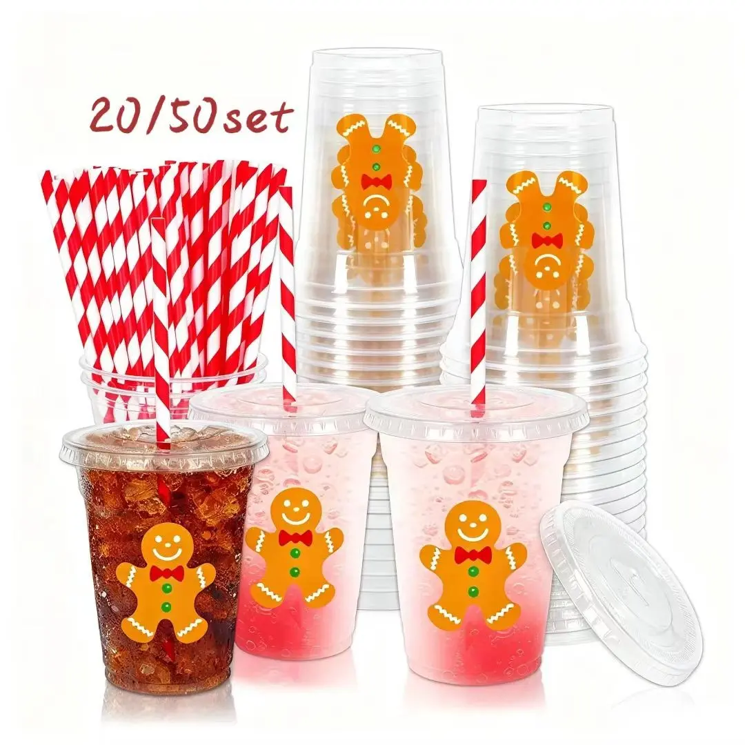 Customizable 12oz Christmas Disposable Plastic Cups with Lids and Straws, Colorful Transparent Gingerbread Man Cold Drink Cups, Party Supplies