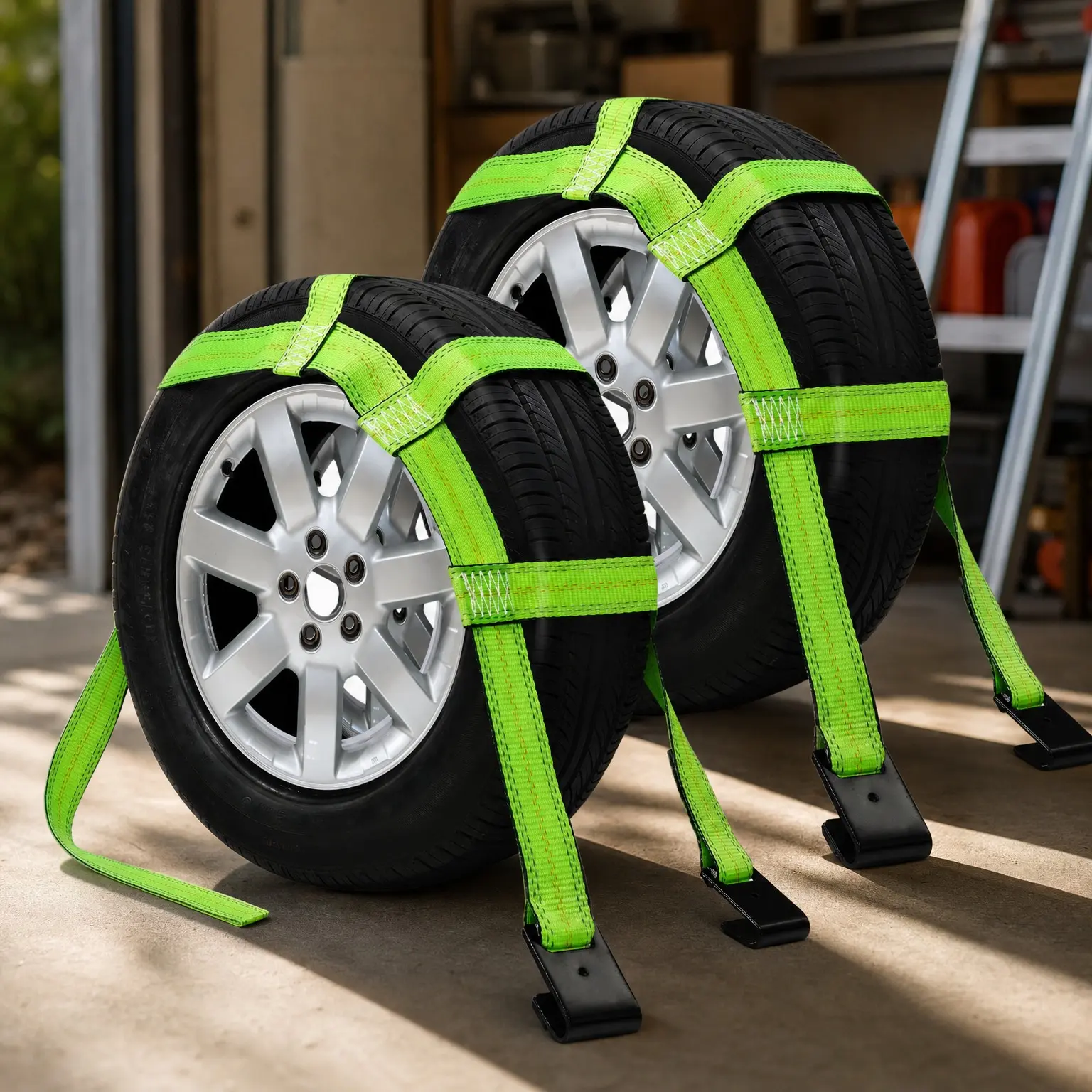 2 Pack Reflective Tow Dolly Basket Straps with Flat Hooks, 10,000 lbs Breaking Strength, Tire Bonnet with Carrying Bag, Fits Most 14"-17" TiresGift