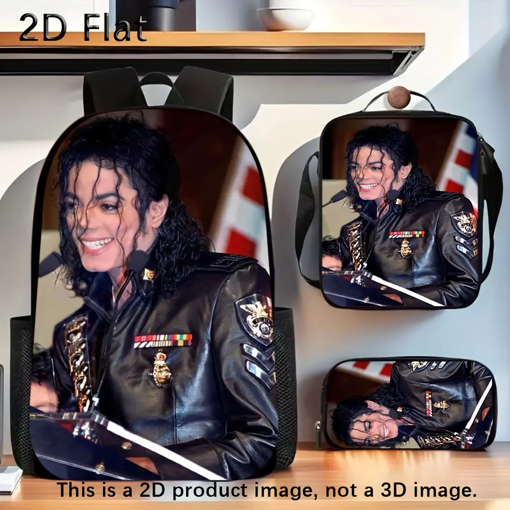 3-Piece Backpack Set, Michael Jackson Print MJ Fan Matching Set for Teens, 600D Oxford Bag with Mesh Back Cushion, Insulated Warm/Cold Lunch & Snack Front Pocket, Mj Fan Set Match