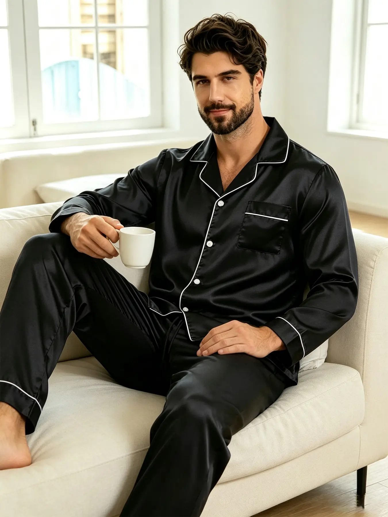Men's Solid Satin Pajama Set, Loungewear, Comfortable Casual Collared Long Sleeve Shirt and Elastic Waist Drawstring Pants with Pockets, For All Seasons
