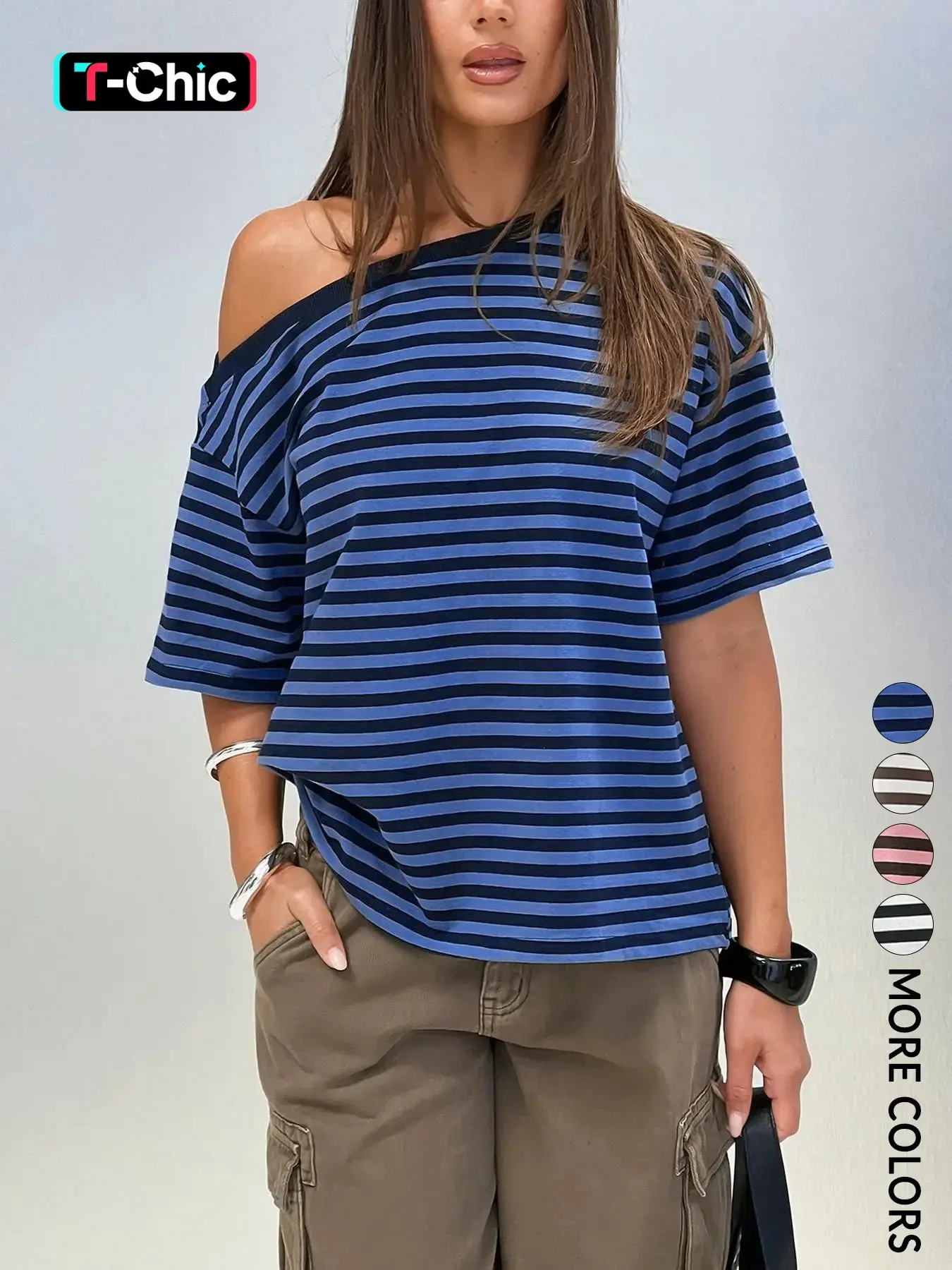 Women's Striped Off-Shoulder T-Shirt, Casual Lightweight Loose-Fit Baggy Top for Comfortable Daily Wear, Trendy Summer Fashion