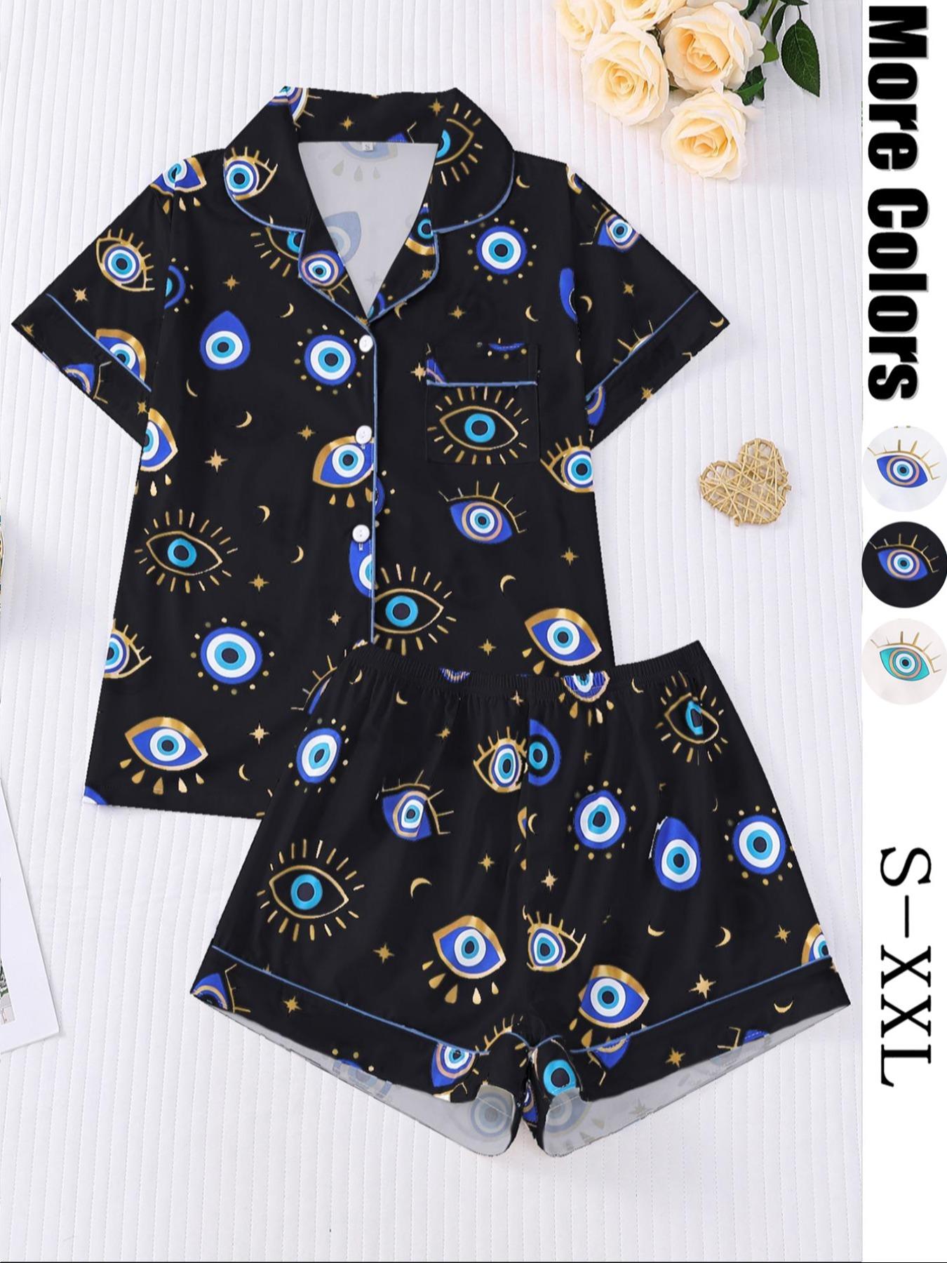 Women's All Over Cartoon Eye Print Short Sleeve Pajama Two-piece Set, Casual Comfy Button Front Chest Pocket Design Lapel Neck Top & Elastic Waist Shorts PJ Set, Ladies Sleepwear for All Seasons, Pajamas, Starlight Pajama Set