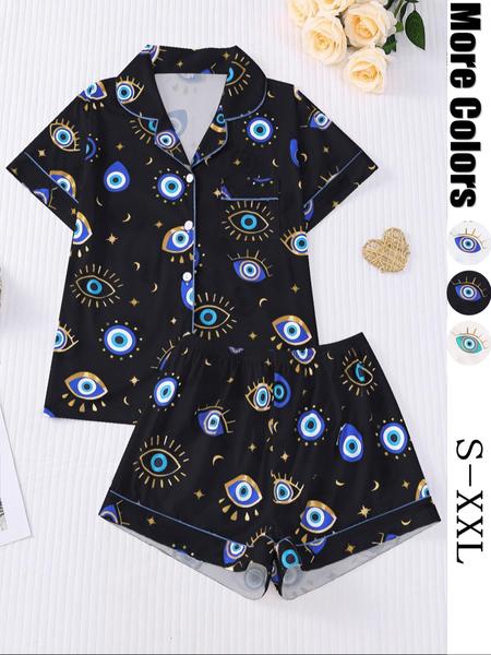 Women's All Over Cartoon Eye Print Short Sleeve Pajama Two-piece Set, Casual Comfy Button Front Chest Pocket Design Lapel Neck Top & Elastic Waist Shorts PJ Set, Ladies Sleepwear for All Seasons, Pajamas, Starlight Pajama Set