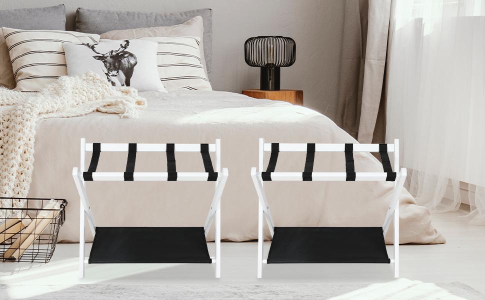 Babion Folding Luggage Rack for Guest Room 2 Pack, luggage Racks for Suitcase Stand with Nylon Straps, Luggage Stand Double Tiers Bamboo Luggage Holder for Bedroom,Hotel, No Assembly On-Site