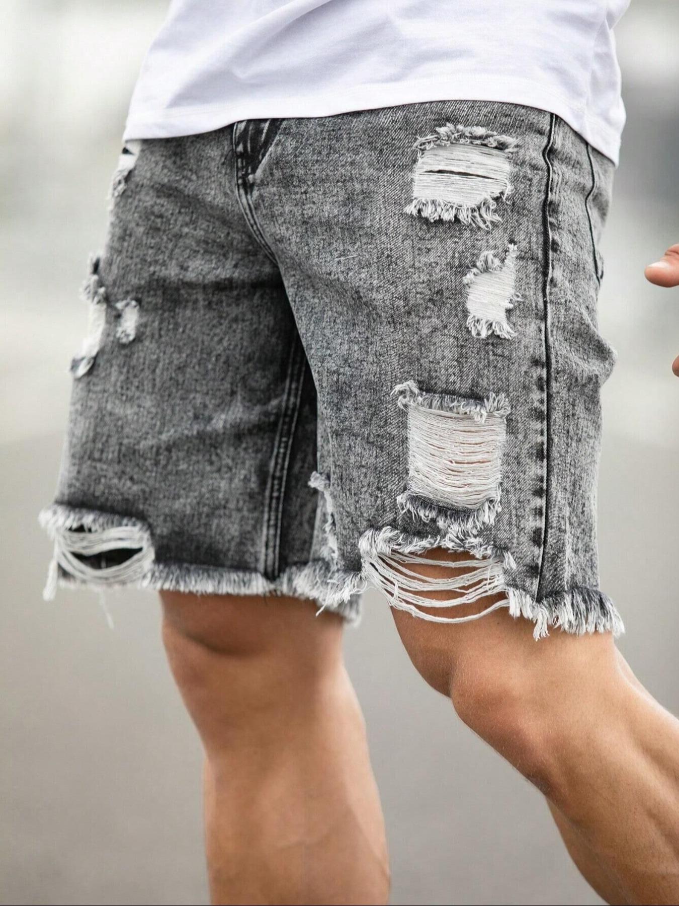 Men's Solid Color Ripped Denim Cut Off Shorts, Loose Casual Fashion Comfy Jeans Shorts for Daily Outdoor Wear, Mens Bottoms for Summer
