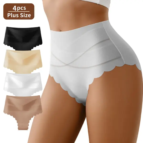 QUASTI Women's Plus Size Shaping Panties Briefs - 4Pcs High Waist Cross Tummy Control, Light Breathable Elastane Seamless Underwear, 1XL-5XL (2XL, 3XL, 4XL Included), 4Pcs- Black, White, Champagne, Coffee Nude