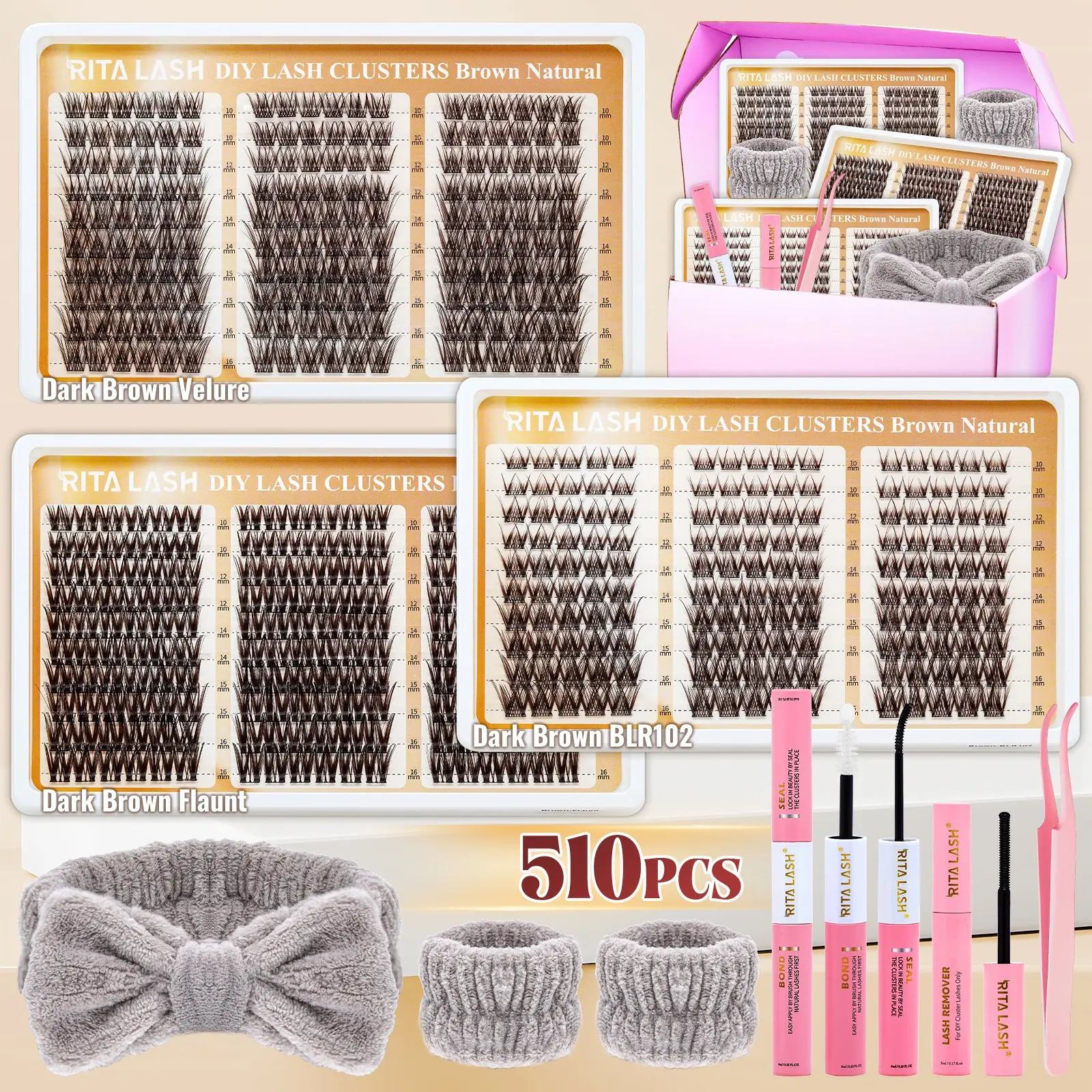 RITALASH 510Pcs D Curl Large Capacity Eyelash 3 Trays Dark Brown Lashes Natural Eye Makeup Easy To Carry, Reusable, with Make Up Tools Bond&Seal, Remover, Headband, Suitable For Daily Going Out, And Holidays (Velure-Flaunt-BLR102)