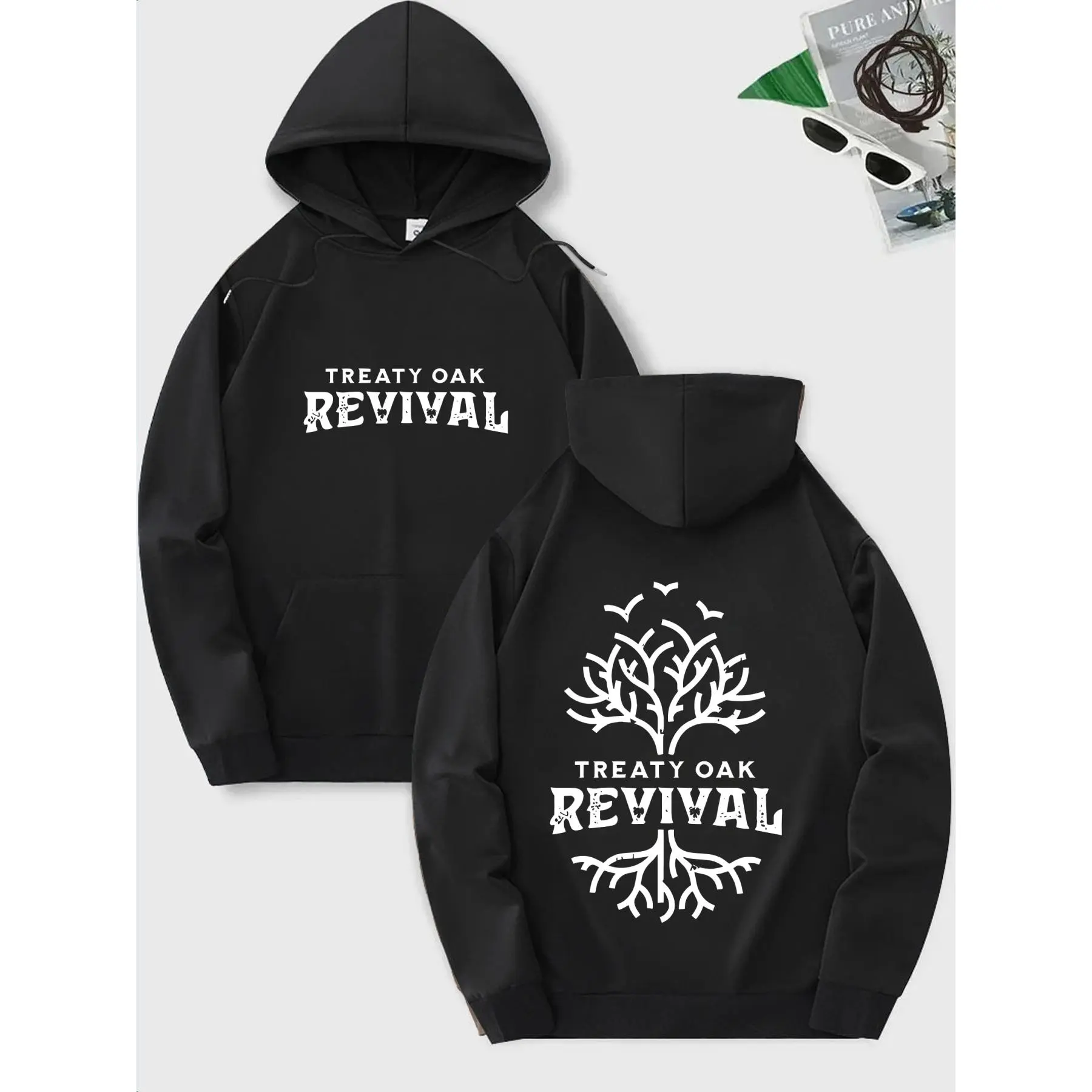 Men'S "Treat Oak Revival" Graphic Hoodie - Black Casual Fall & Winter Sweatshirt with Drawstring, Kangaroo Pocket, and Tree Design |   Inspirational Sports Style, Casual Wear Hoodie | Bold Print Hoodie | Stretchy Fabric Hoodie