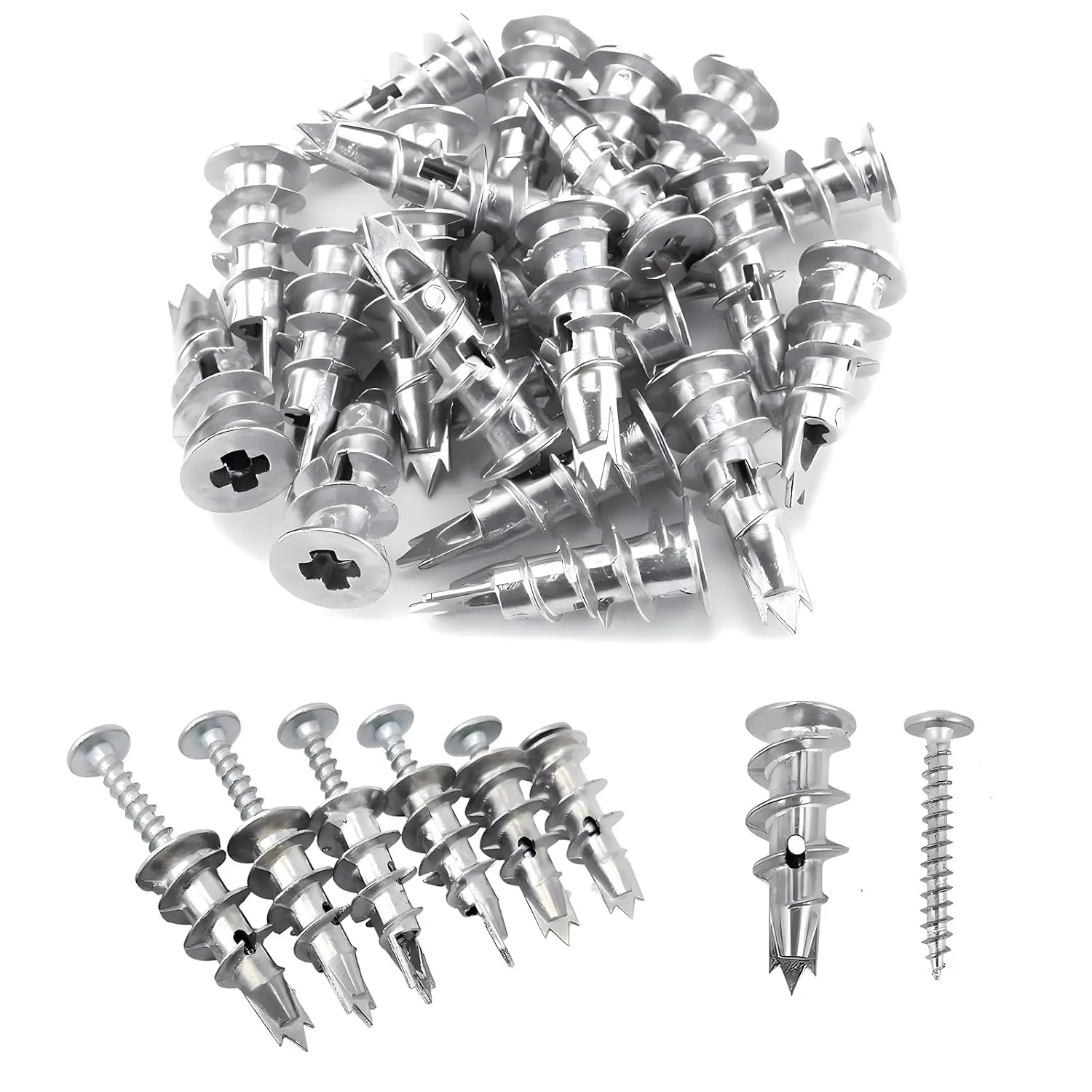 100 count Zinc Self-Drilling Drywall Anchors, 50 Heavy Duty Hollow Metal Wall Anchors and 50#8 x 1-1/4'' Screws, Sheetrock Anchors and Screws Kit (White)