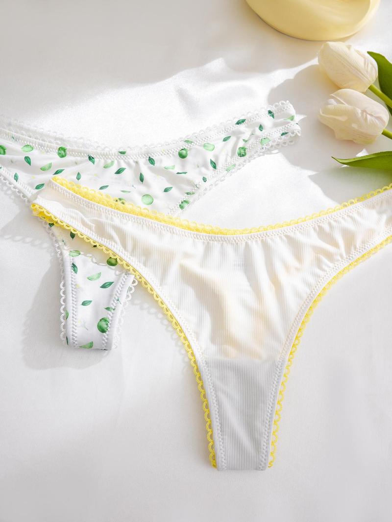Women's Contrast Binding Fruit Printed Thong, Lady Pastel Soft Comfy Breathable Panty for Daily Wear, Underwear for Women, Underwear for All Seasons, Soft Breathable Panties
