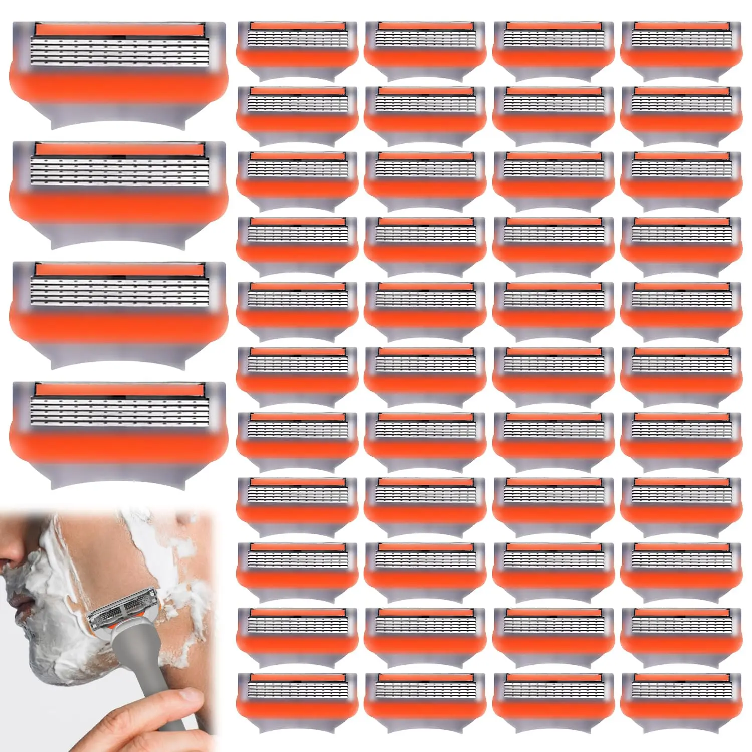 48Pcs Razor Blades  Men, 48 Count -5 Layer Premium Stainless Steel Refills, High Permance Mens Blades with Lubrication Strip and Precision Trimmer, Close & Comtable, Durable & Sharp Shave