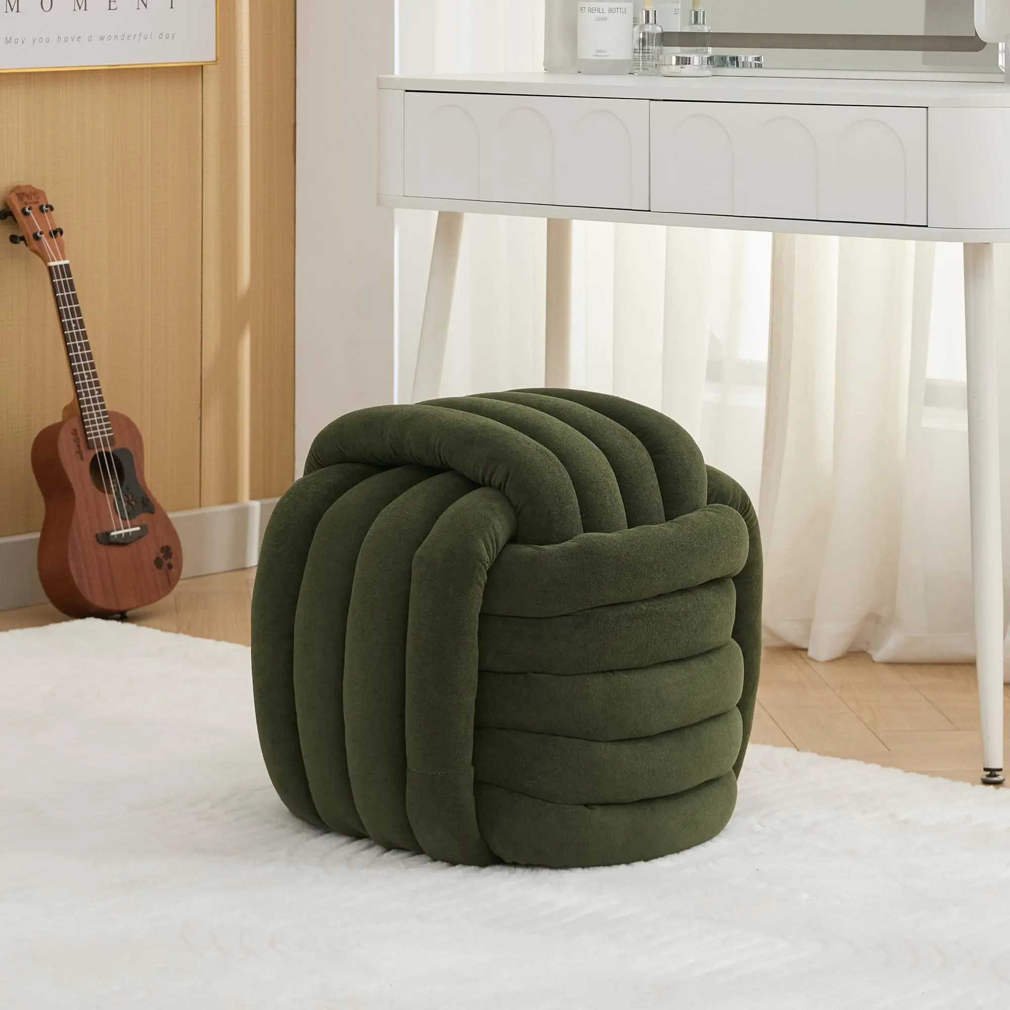 Green Chenille Knot Ottoman Stool, Square Modern Upholstered Footstool and Makeup Accent Seat for Living Room and Bedroom