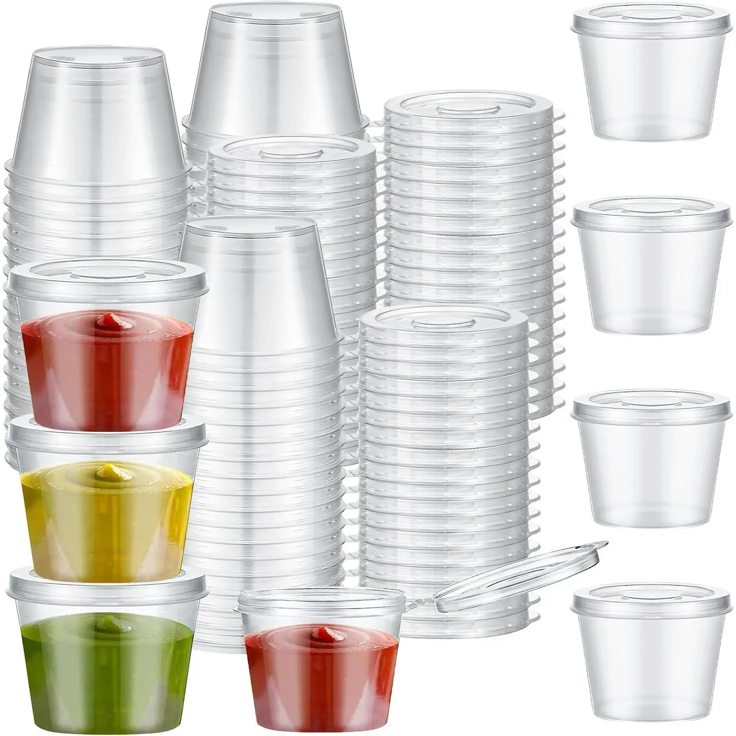 60 Pack Plastic Condiment Souffle Containers with Attached  1 oz, Mini Sauce Cups Jelly Leak Proof Portion Small Disposable Souffle Cups with  for Salad Dressing Sauces