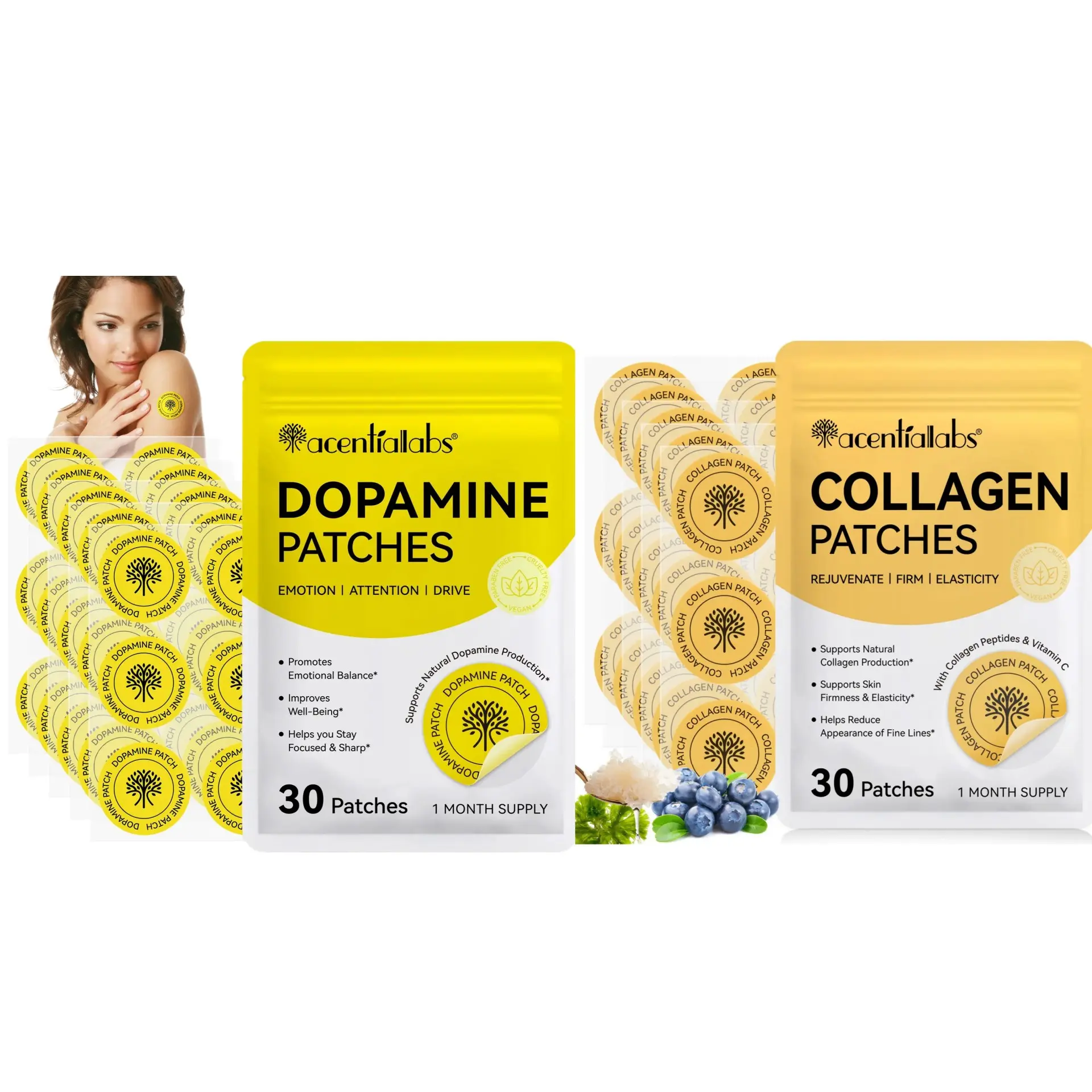 2 Bags Daily Care Patches 60p, Acentiallabs Dopamine & Collagen Patches, Vitamin C, Natural Extracts, Waterproof, Easy to Use, Portable, Collagen Boosting Patches