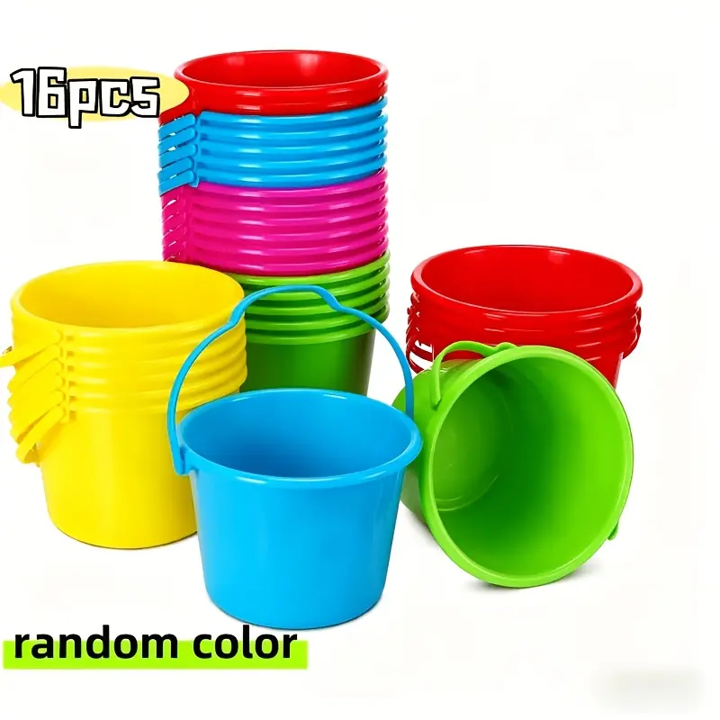 16pcs Mini Plastic Beach Bucket Set - Random Color, Durable, Lightweight - Birthday Party Prizes, Beach Fun Decor (Nature Exploration Toy)