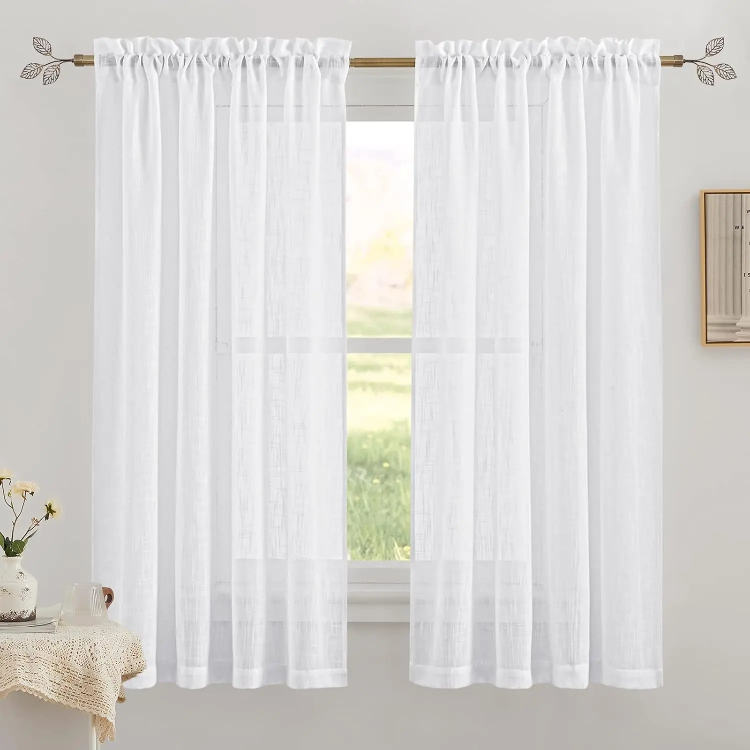 Semi Sheer Curtains 63 inches Length, Short Linen Textured Breathable Curtains Panels for Bay Window Farmhouse, Rod Pocket, Indoor, White, 52 x 63 Inch Length 2 Panels