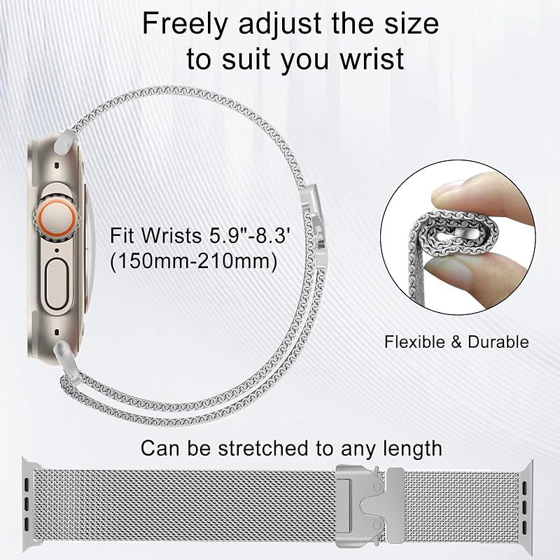Milanese Loop Stainless Steel Metal Watch Strap, Compatible with Smart Watch 49mm 46mm 45mm 44mm 42mm 41mm 38mm, Premium Metal Replacement Band for Classic Size Wearable Devices