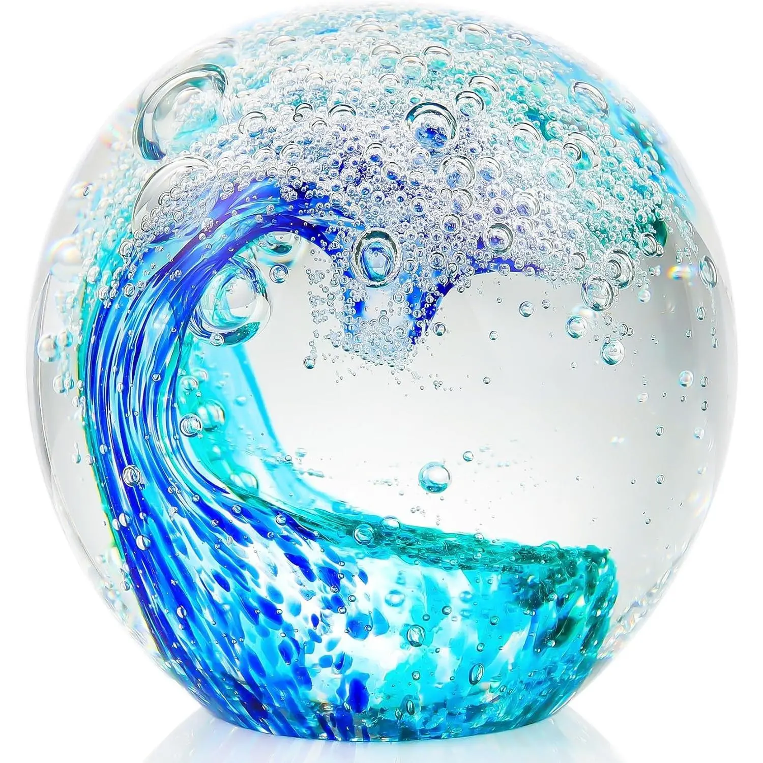 Hand Blown Ocean Wave Glass Ball Sea Glass Paperweight, Coastal Decor Summer Gift for Ocean Lovers, Glass Art Collectible for Beach Room Aquarium Ocean Themed Decorations