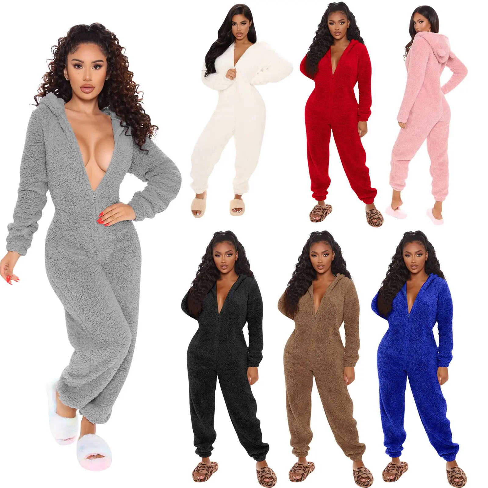 Women New Fall Winter Hooded Long Sleeve One Piece Jumpsuit Soft Fluffy Fuzzy Plush Loungewear Cute Full Body Onesie Pajamas Cozy Warm Casual Indoor Sleepwear Loose Comfortable Lounge Rompers Cute Hooded Plush Night Outfit For Ladies Daily Home Wear
