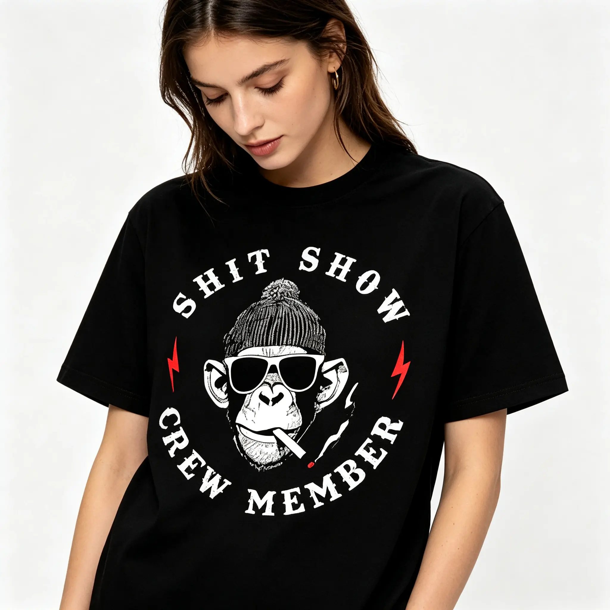 Shit Show Crew Member Smoking Gorilla Humor Graphic Unisex Tee |   All-Season Breathable Top, Smooth, Basic, Comfortable