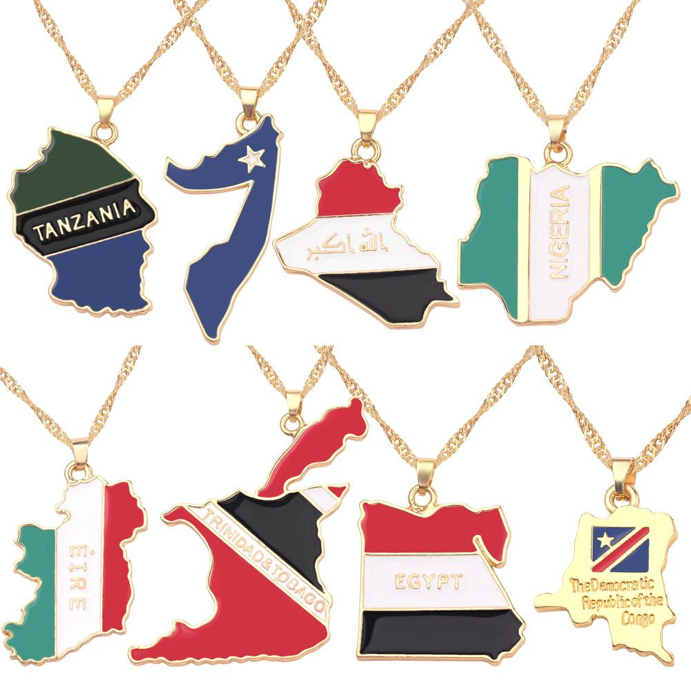World Country Map Flag Pendant Necklace Gold Plated Alloy Charm Necklaces National Pride Jewelry for Men Women