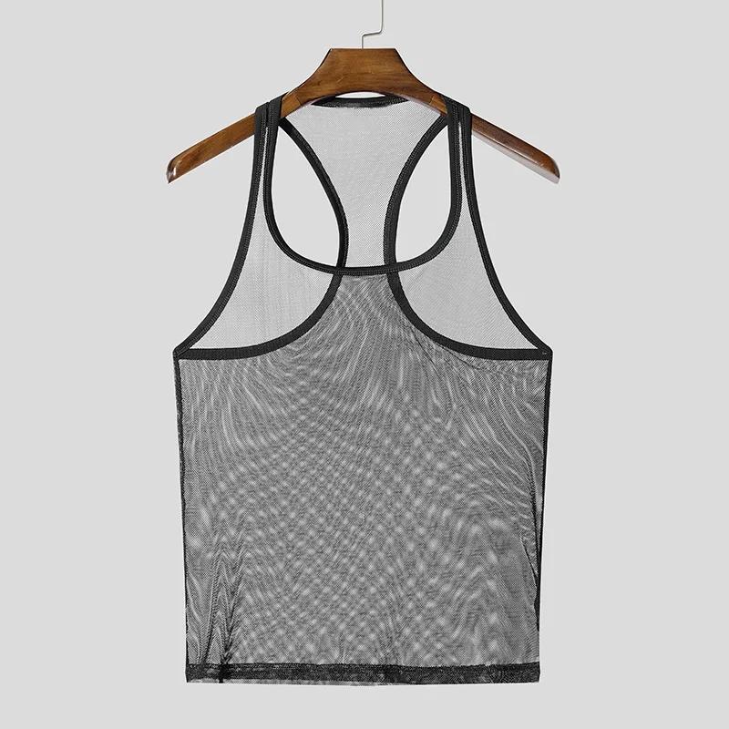Kyn Apparel Men's Sexy Mesh Sports Tank Tops Chic Hollw Out O Neck Sleeveless T-shirt Breathable Solid Color Crop Vests Summer Fitness Tops