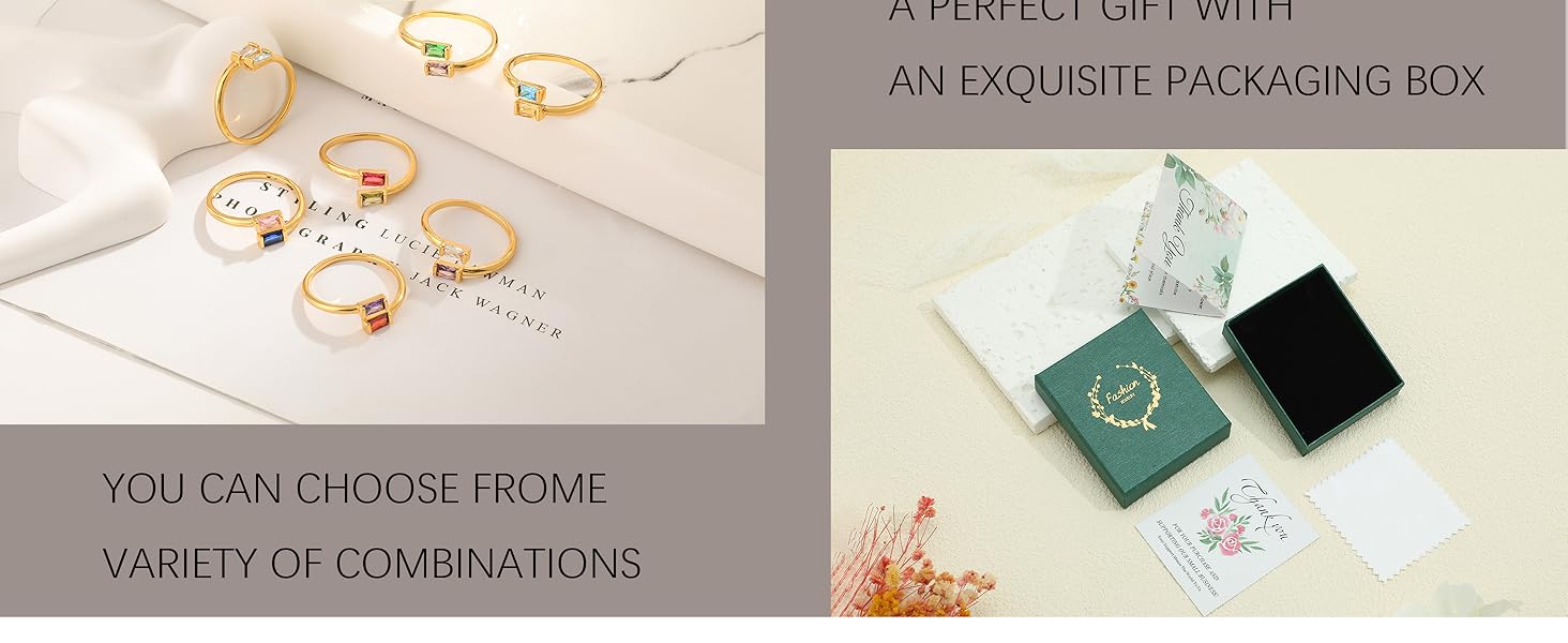 Gold Birthstone Rings for Women Non Tarnish 14K Gold Plated Adjustable Emerald Ring Cubic Zirconia Gemstone Promise Ring for Her Engagement Personalized Waterproof Jewelry Gifts for Birthday